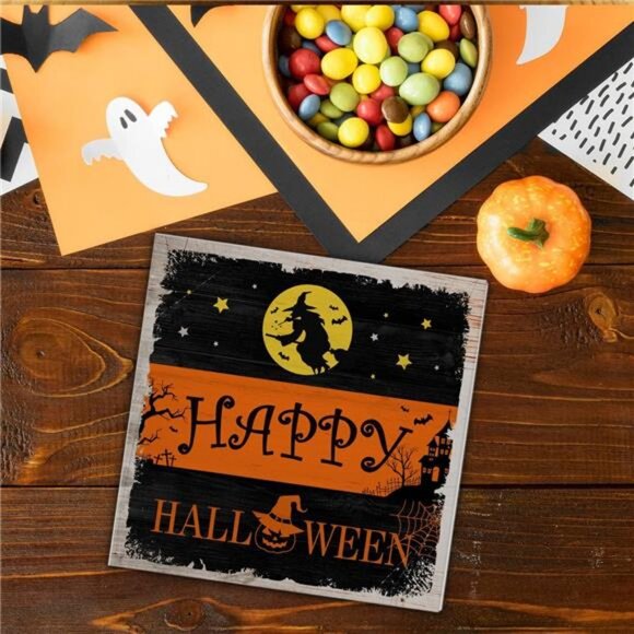 Witch Decor Halloween Wood Sign Happy Halloween Decorations Table Desk 5x5 Inch - Picture 6 of 8